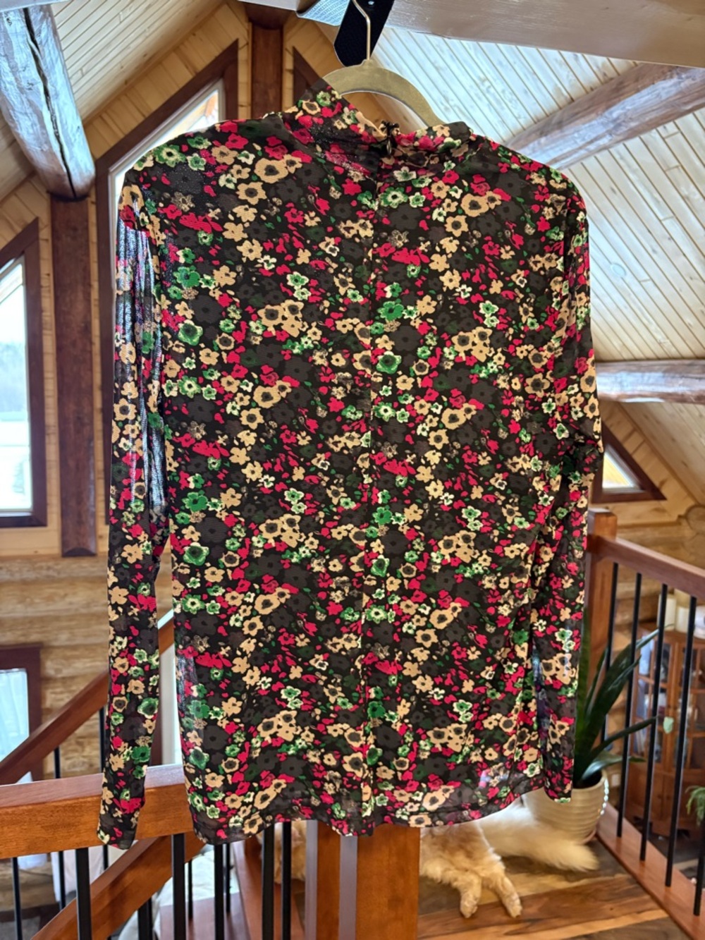Anne Klein Black Floral Long-Sleeve Blouse with Pink, Green & Cream Flowers